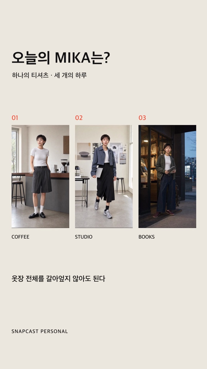 흰 티셔츠 한 장을 세 가지 분위기로 연출한 MIKA