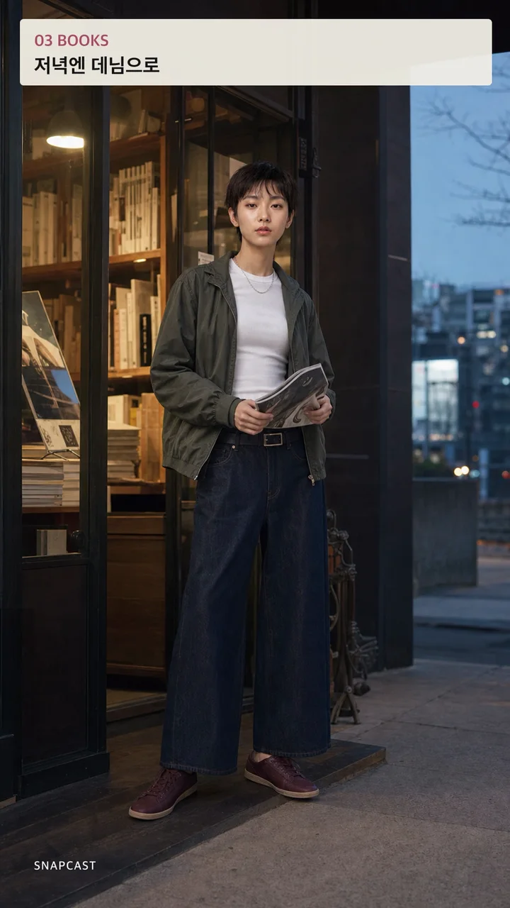 흰 티셔츠에 봄버와 와이드 데님을 입은 Books 결과