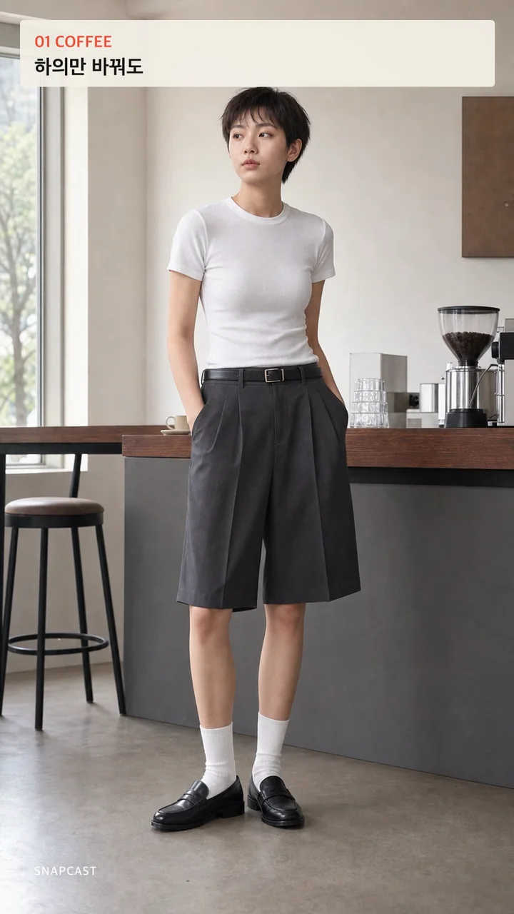흰 티셔츠와 차콜 버뮤다 팬츠를 입은 Coffee 결과
