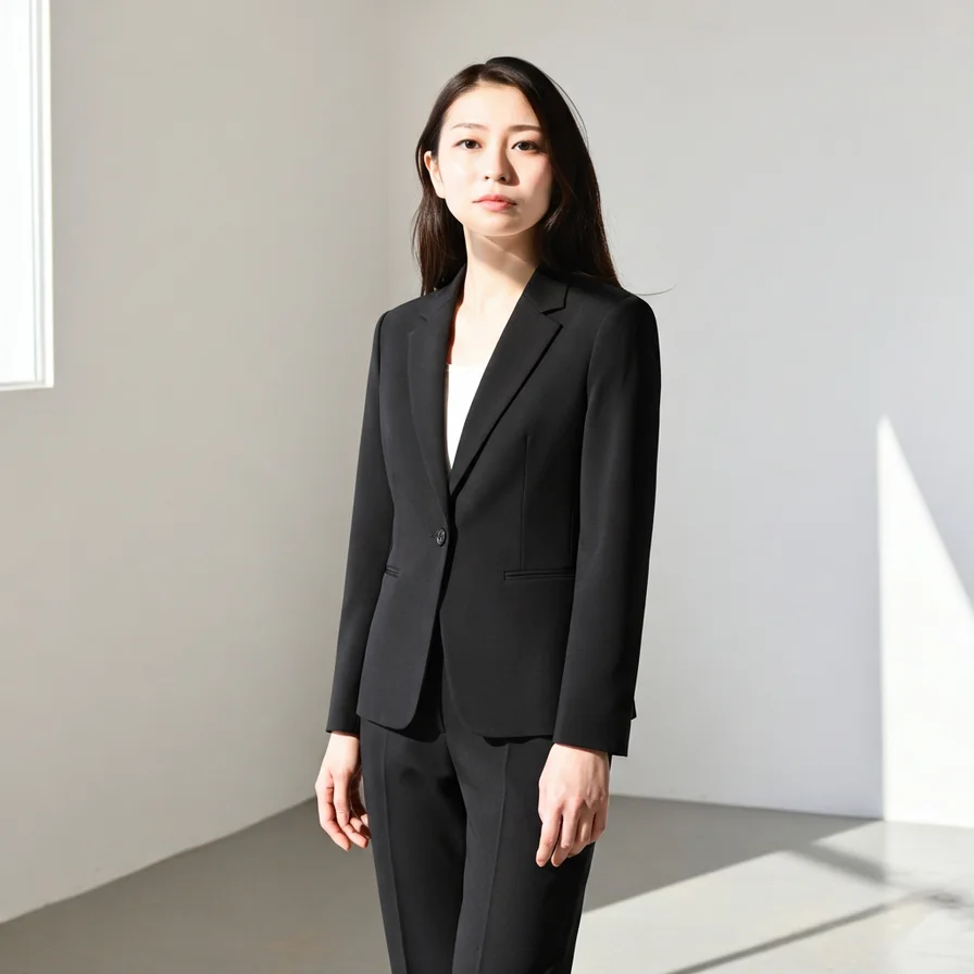 미니멀 스튜디오에서 촬영한 일본 여성 모델의 검정 수트 결과